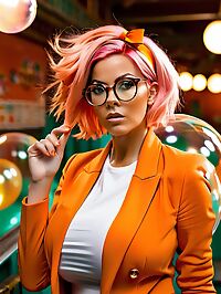 A 44 year old woman with pink hair and huge breasts wears an orange suit in a bubble factory