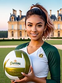 A 28 year old athletic woman sunbathes naked on lawn at sunrise in Versailles